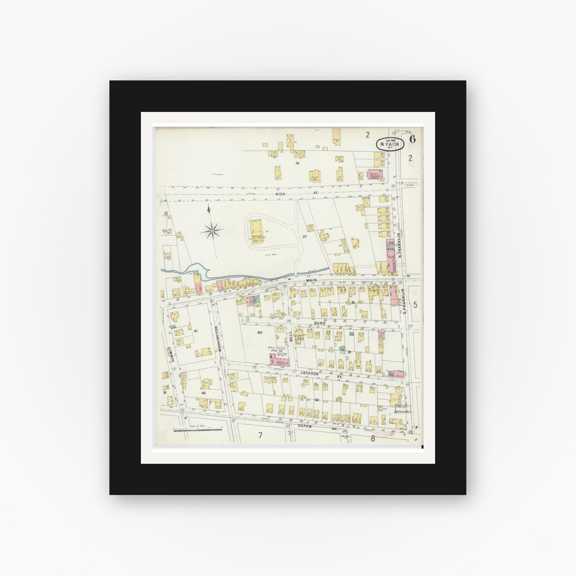 Old map wall art mockup — black gallery frame with white mat — Sanborn Fire Insurance Map from Nyack, Rockland County, New York. (1896), Sheet #0006