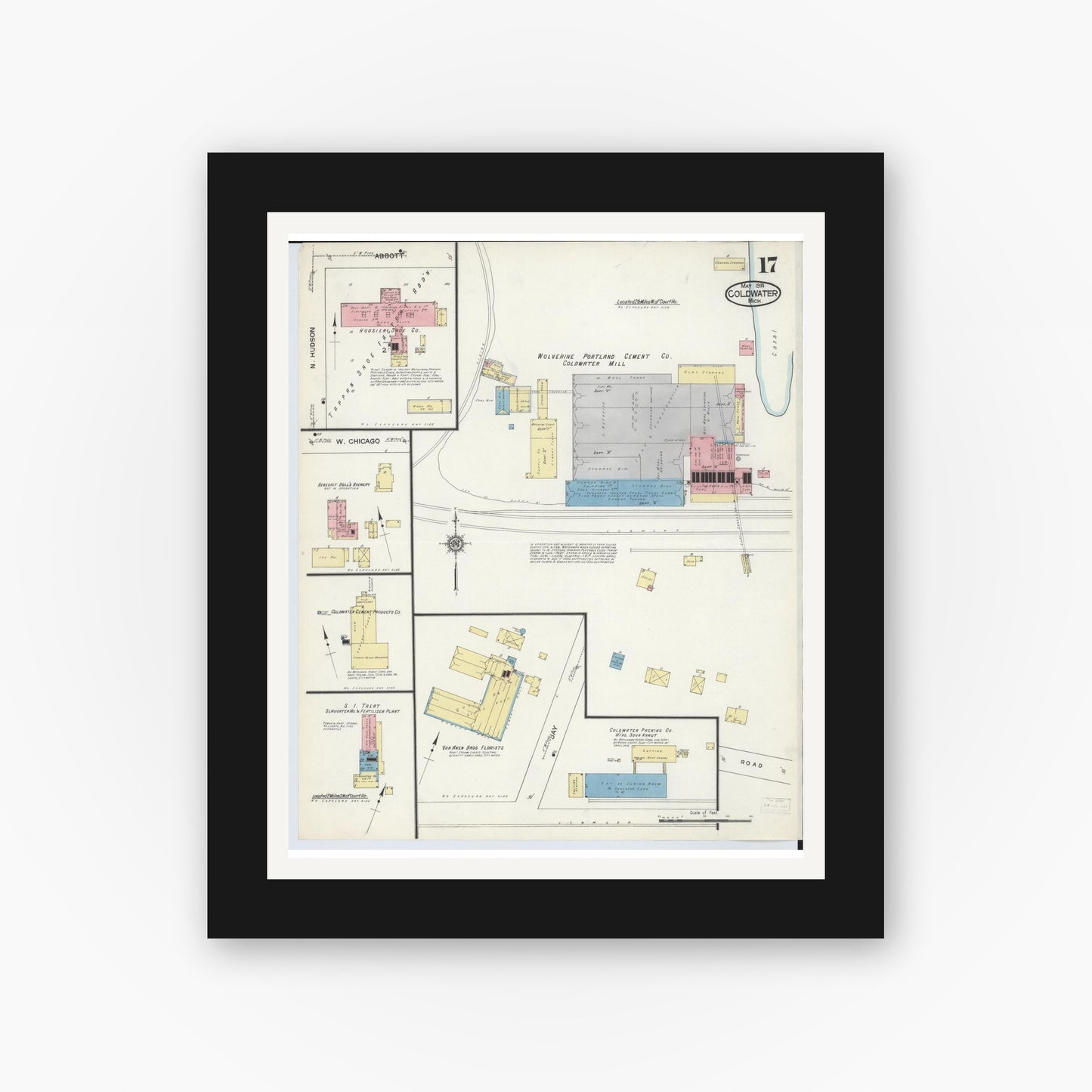 Old map wall art mockup — black gallery frame with white mat — Sanborn Fire Insurance Map from Coldwater, Branch County, Michigan (1914), Sheet #0017