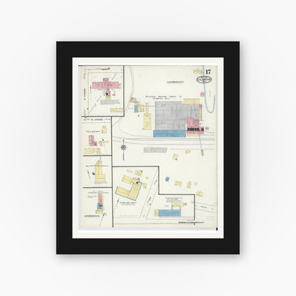 Old map wall art mockup — black gallery frame with white mat — Sanborn Fire Insurance Map from Coldwater, Branch County, Michigan (1914), Sheet #0017