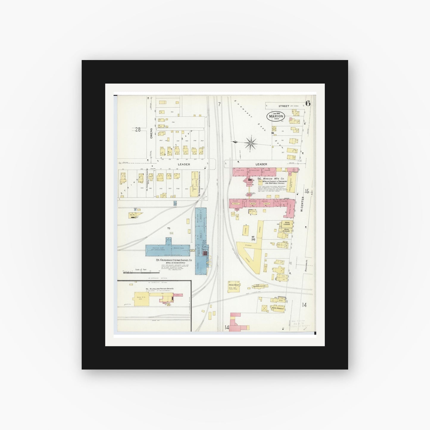 Old map wall art mockup — black gallery frame with white mat — Sanborn Fire Insurance Map from Marion, Marion County, Ohio (1908), Sheet #0006