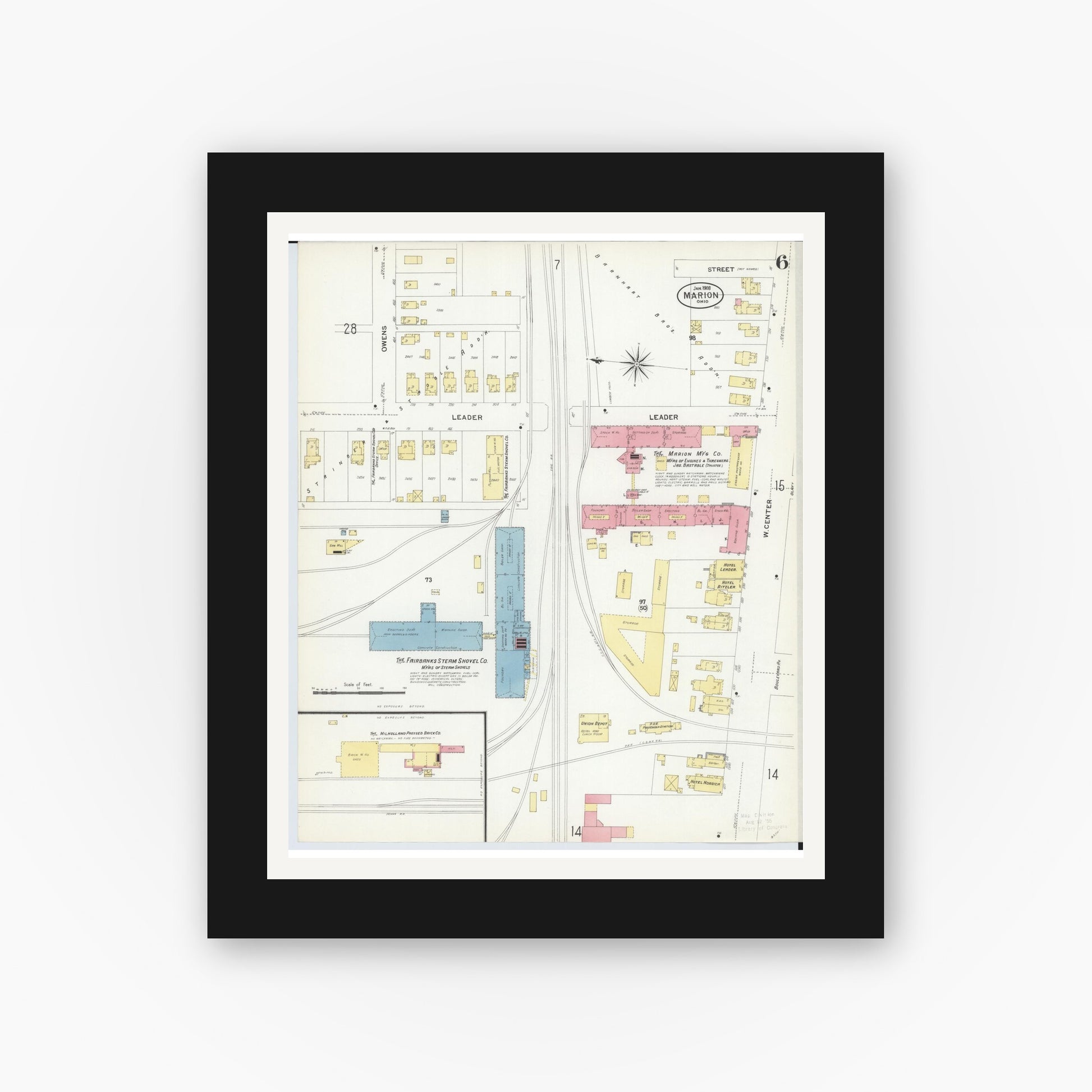 Old map wall art mockup — black gallery frame with white mat — Sanborn Fire Insurance Map from Marion, Marion County, Ohio (1908), Sheet #0006
