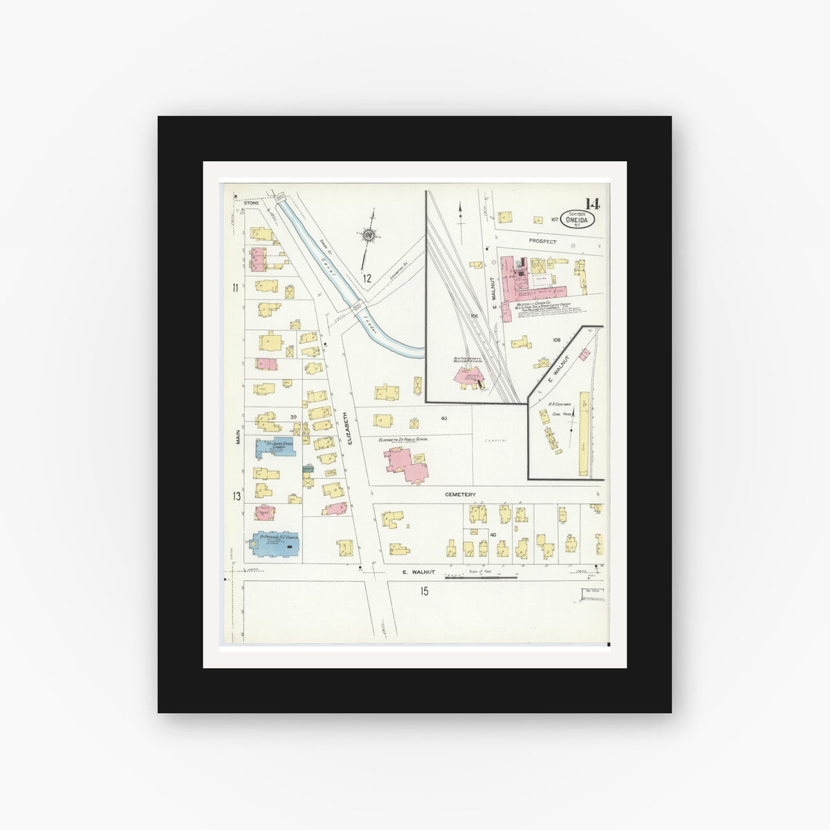Old map wall art mockup — black gallery frame with white mat — Sanborn Fire Insurance Map from Oneida, Madison County, New York (1909), Sheet #0014