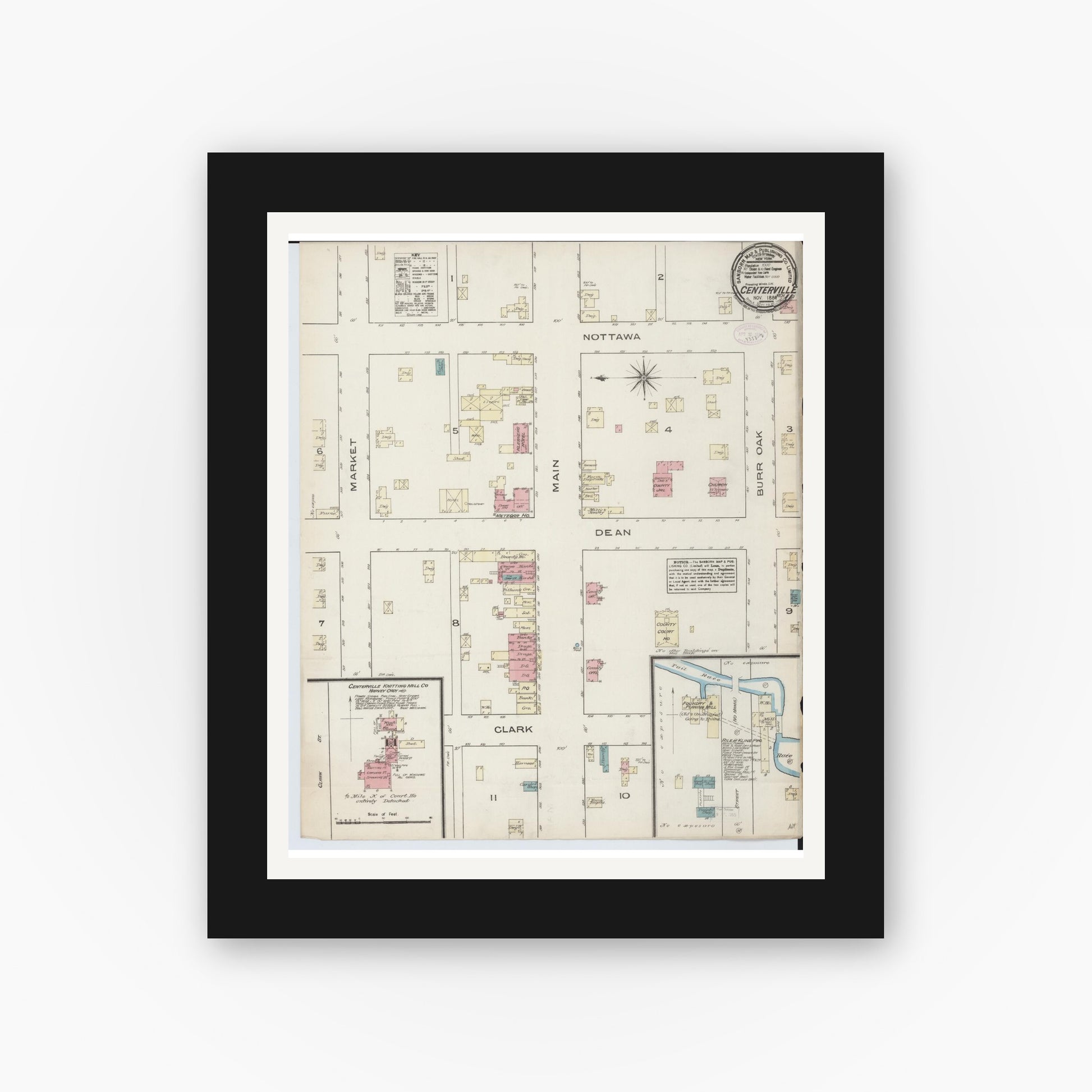 Old map wall art mockup — black gallery frame with white mat — Sanborn Fire Insurance Map from Centreville, Saint Joseph County, Michigan (1884), Sheet #0001