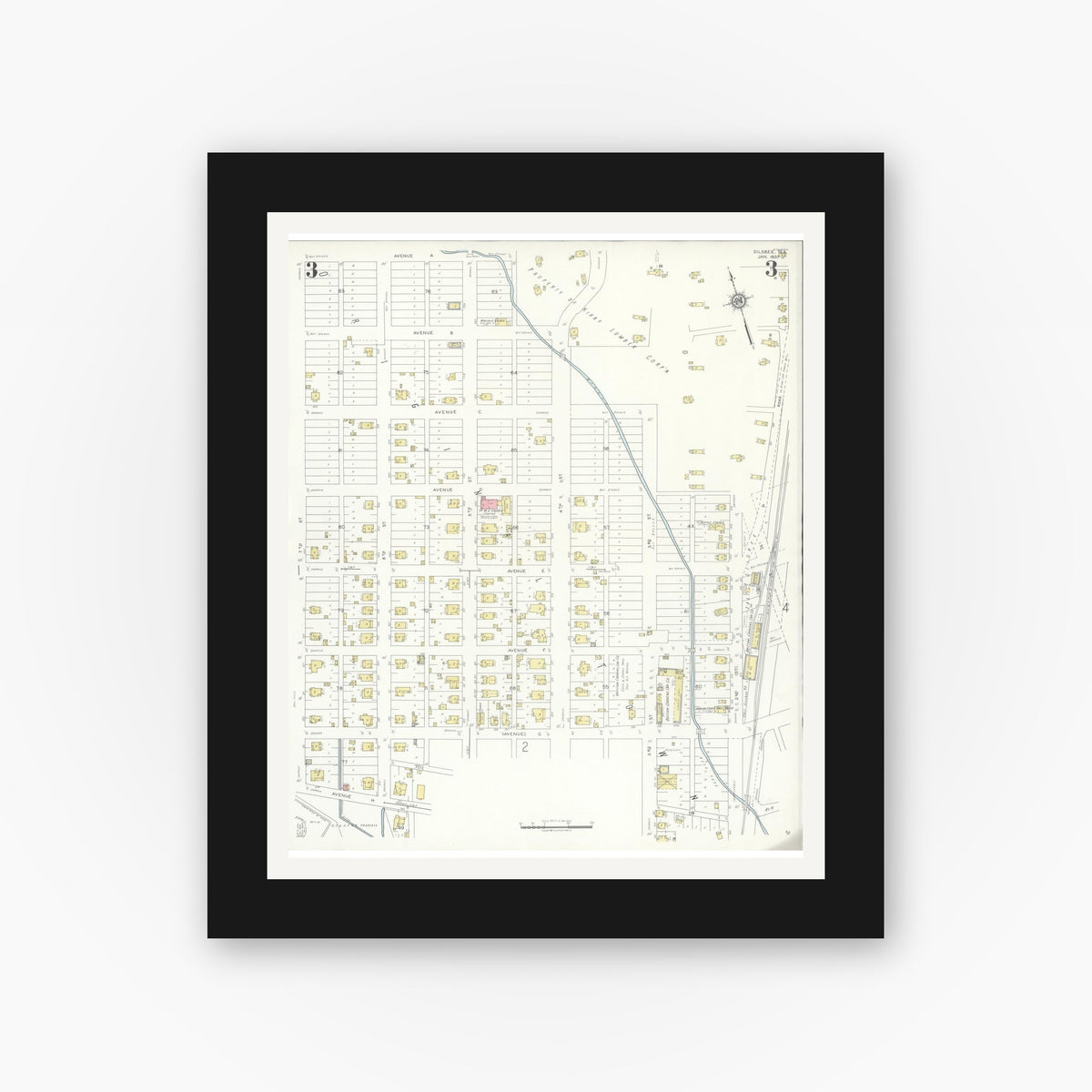 Old map wall art mockup — black gallery frame with white mat — Sanborn Fire Insurance Map from Silsbee, Hardin County, Texas (1937), Sheet #0003