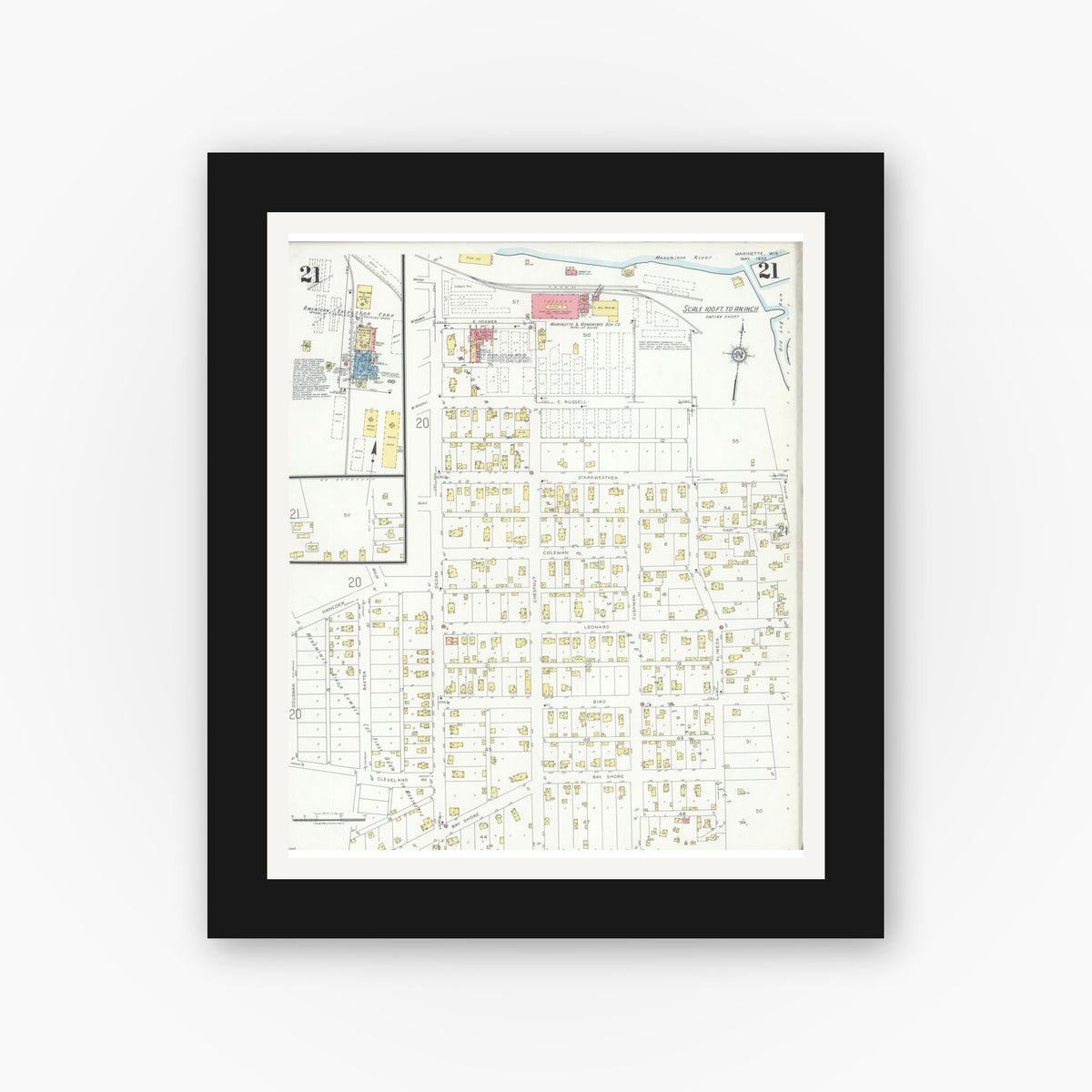 Old map wall art mockup — black gallery frame with white mat — Sanborn Fire Insurance Map from Marinette, Marinette County, Wisconsin (1935), Sheet #0021
