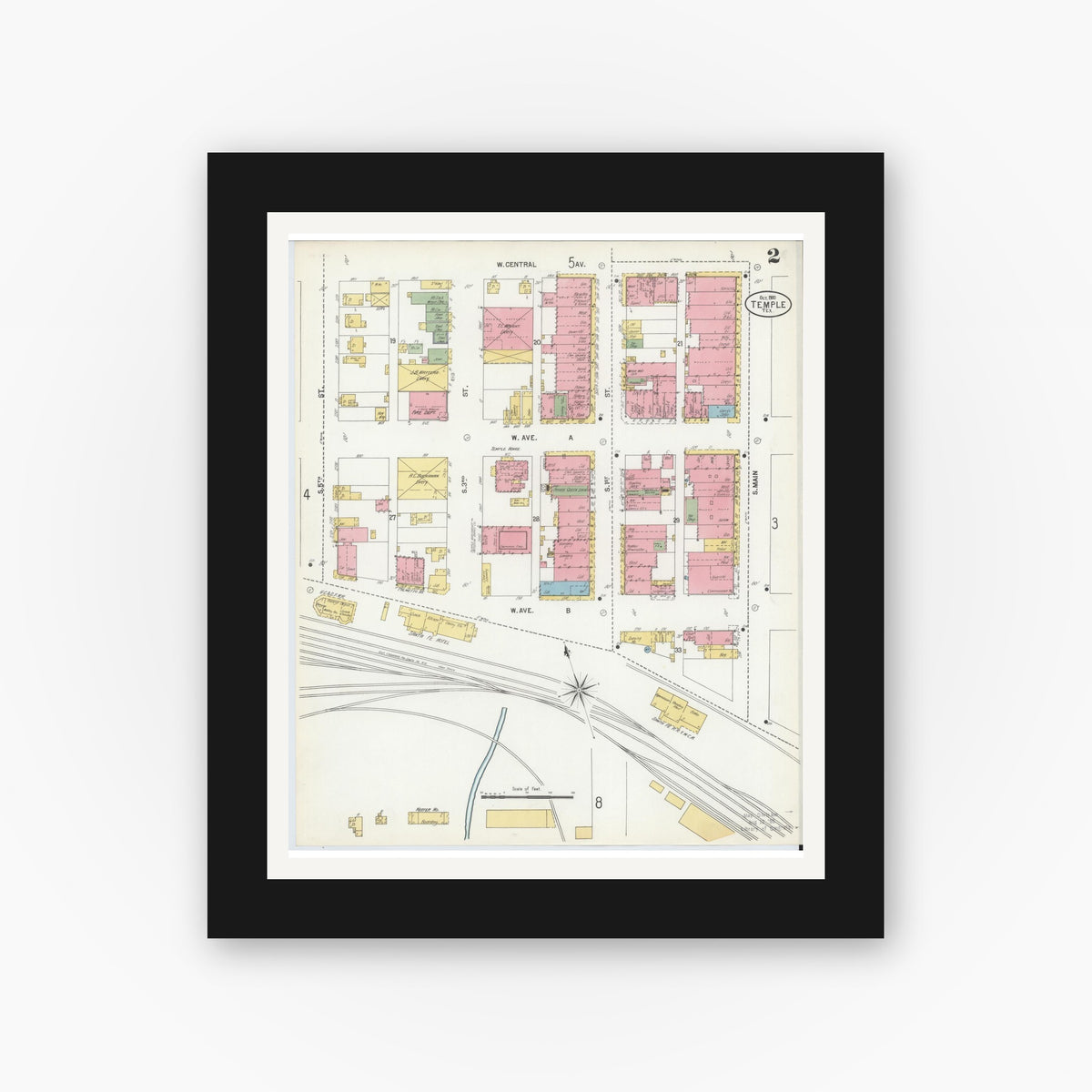 Old map wall art mockup — black gallery frame with white mat — Sanborn Fire Insurance Map from Temple, Bell County, Texas (1900), Sheet #0002