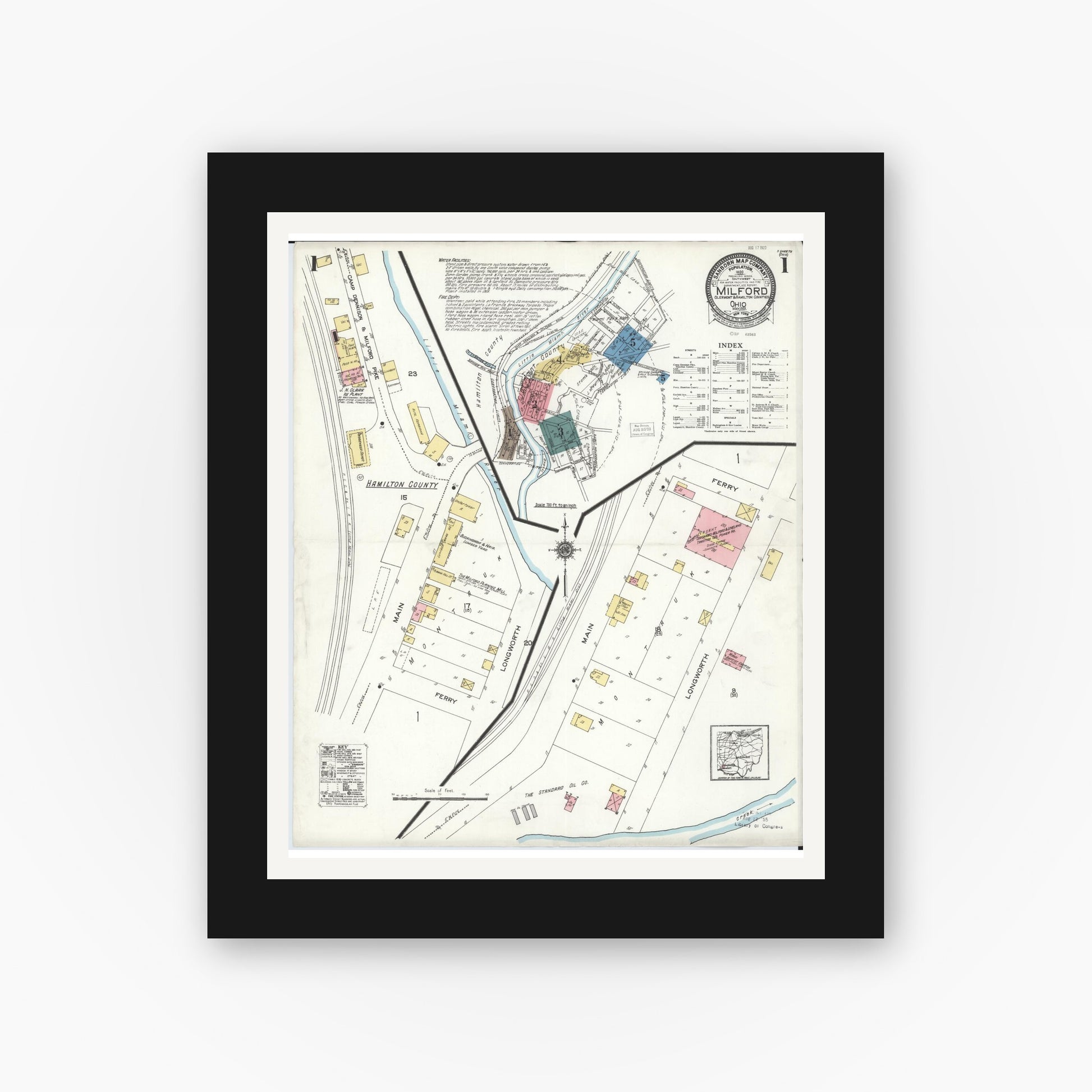 Old map wall art mockup — black gallery frame with white mat — Sanborn Fire Insurance Map from Milford, Clermont And Hamilton County, Ohio (1925) - Complete Map Set