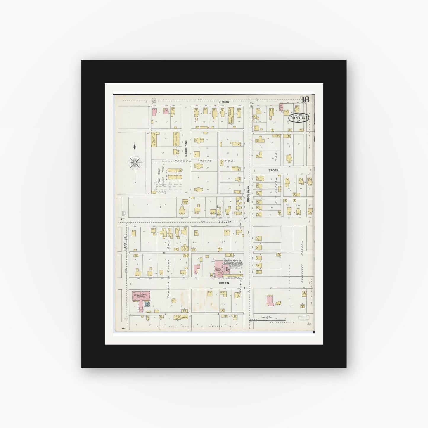 Old map wall art mockup — black gallery frame with white mat — Sanborn Fire Insurance Map from Danville, Vermilion County, Illinois (1895), Sheet #0018