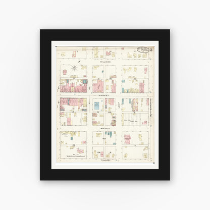 Old map wall art mockup — black gallery frame with white mat — Sanborn Fire Insurance Map from Fort Dodge, Webster County, Iowa (1885), Sheet #0003