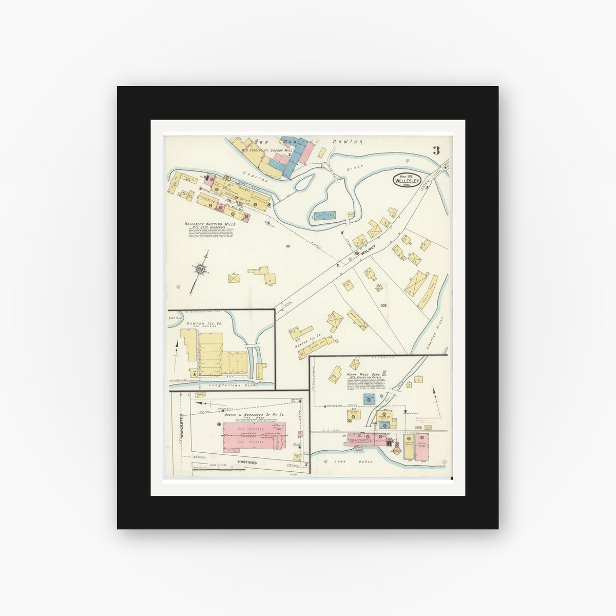 Old map wall art mockup — black gallery frame with white mat — Sanborn Fire Insurance Map from Wellesley, Norfolk County, Massachusetts (1912), Sheet #0003