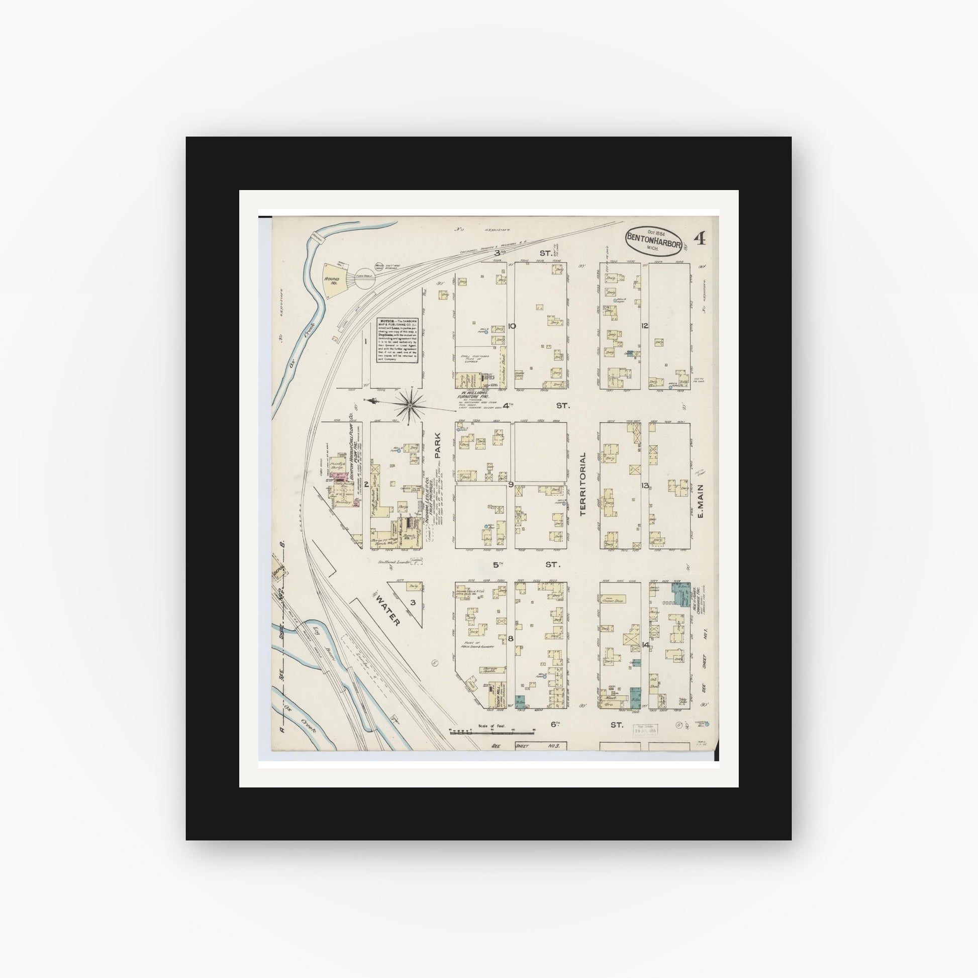 Old map wall art mockup — black gallery frame with white mat — Sanborn Fire Insurance Map from Benton Harbor, Berrien County, Michigan (1884), Sheet #0004