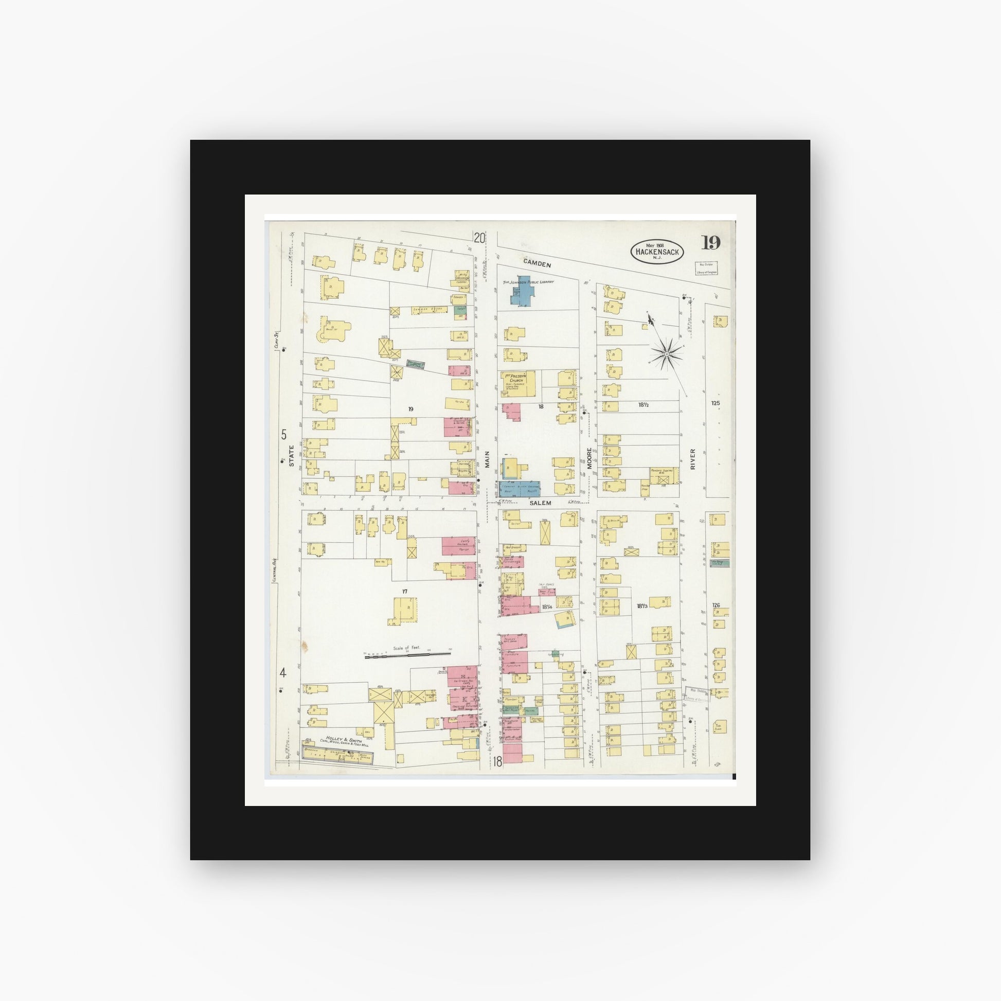 Old map wall art mockup — black gallery frame with white mat — Sanborn Fire Insurance Map from Hackensack, Bergen County, New Jersey (1908), Sheet #0019