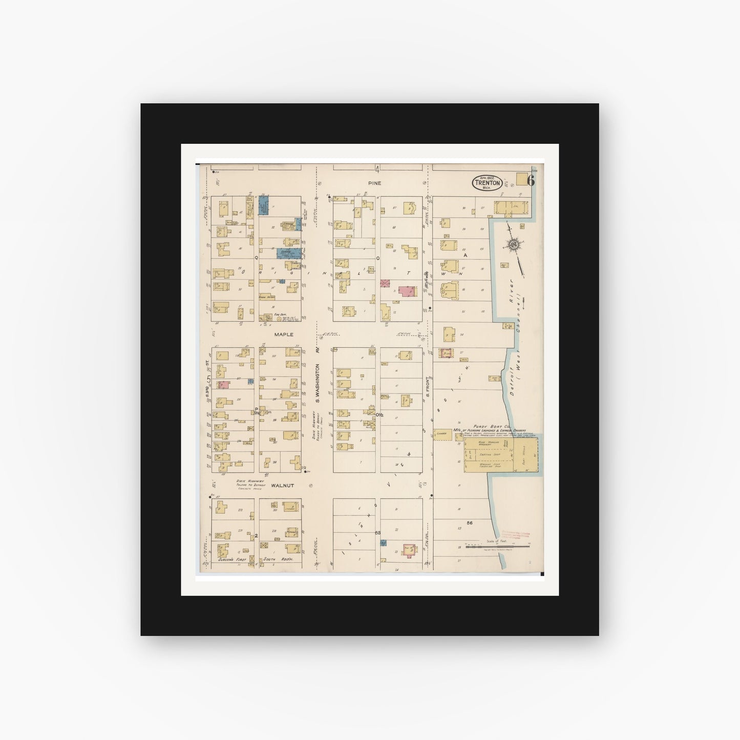 Old map wall art mockup — black gallery frame with white mat — Sanborn Fire Insurance Map from Trenton, Wayne County, Michigan (1922), Sheet #0006