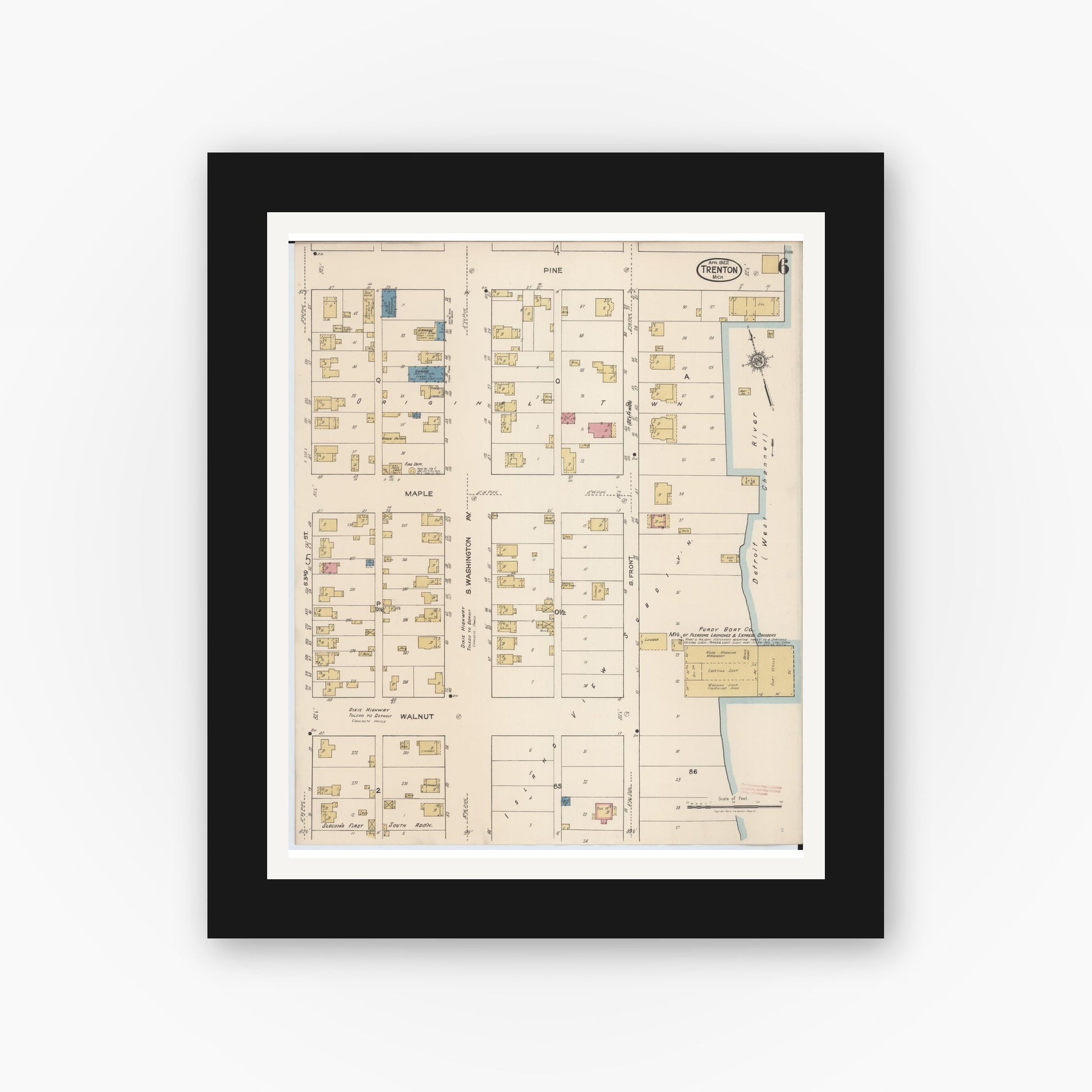 Old map wall art mockup — black gallery frame with white mat — Sanborn Fire Insurance Map from Trenton, Wayne County, Michigan (1922), Sheet #0006
