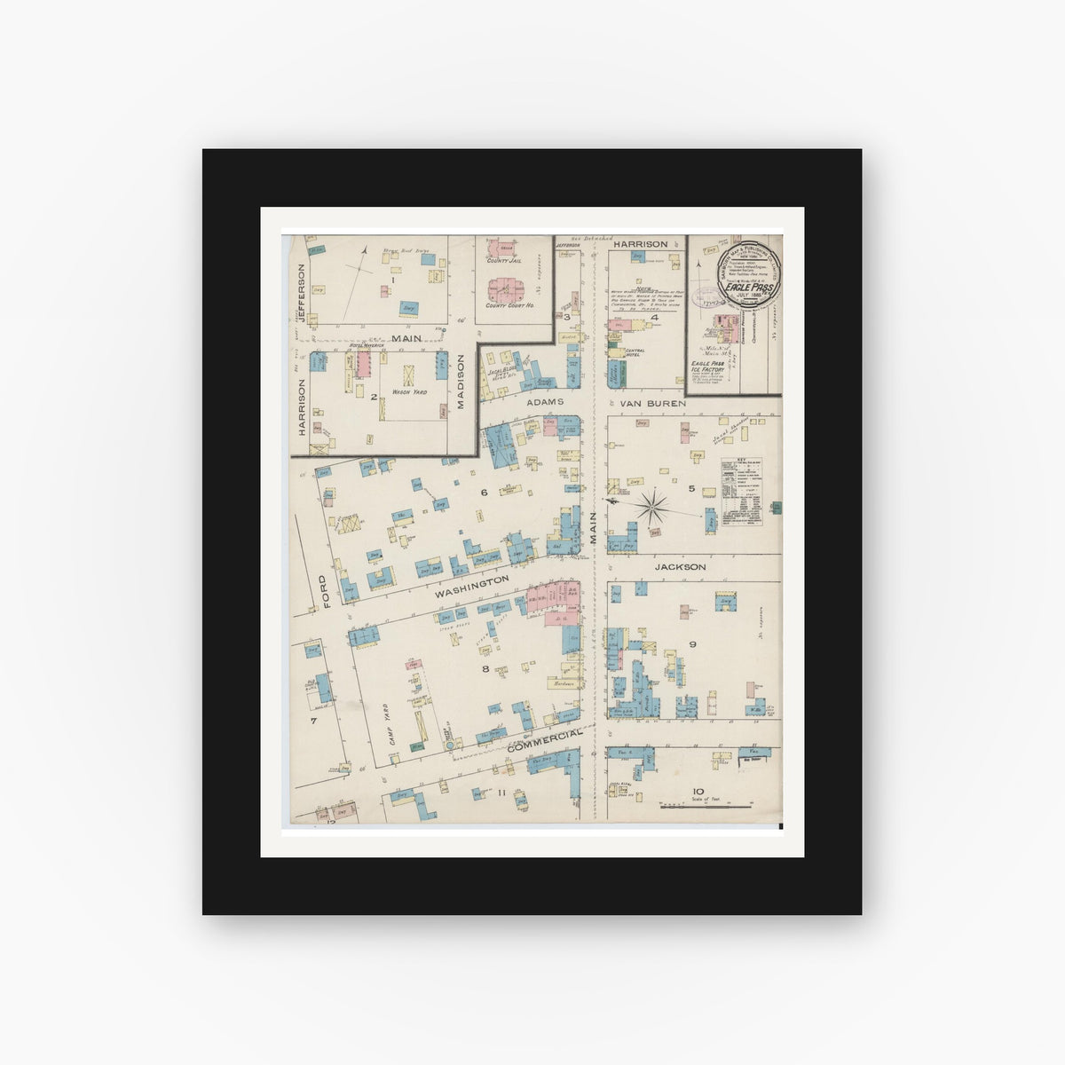 Old map wall art mockup — black gallery frame with white mat — Sanborn Fire Insurance Map from Eagle Pass, Maverick County, Texas (1885), Sheet #0001