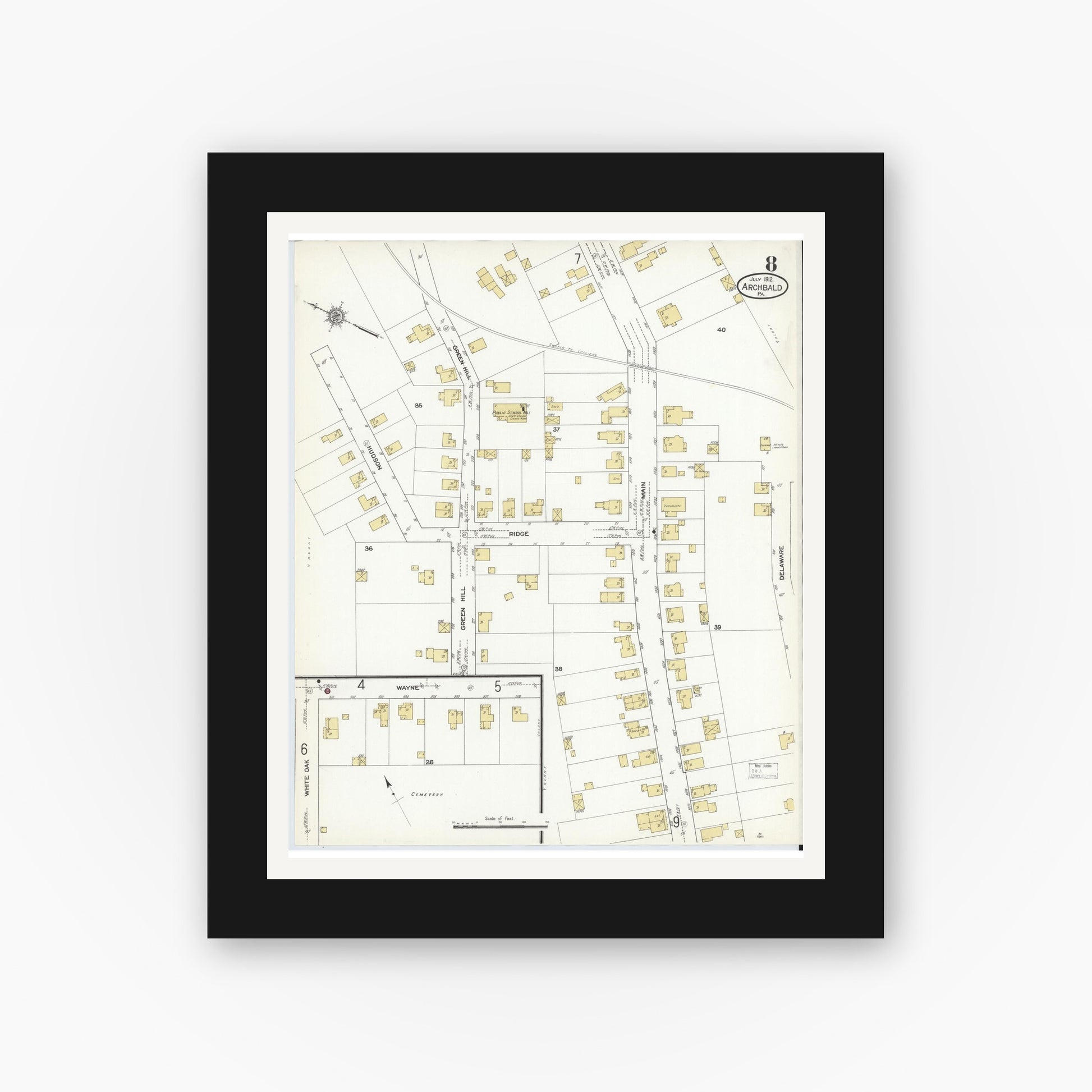 Old map wall art mockup — black gallery frame with white mat — Sanborn Fire Insurance Map from Archbald, Lackawanna County, Pennsylvania (1912), Sheet #0008