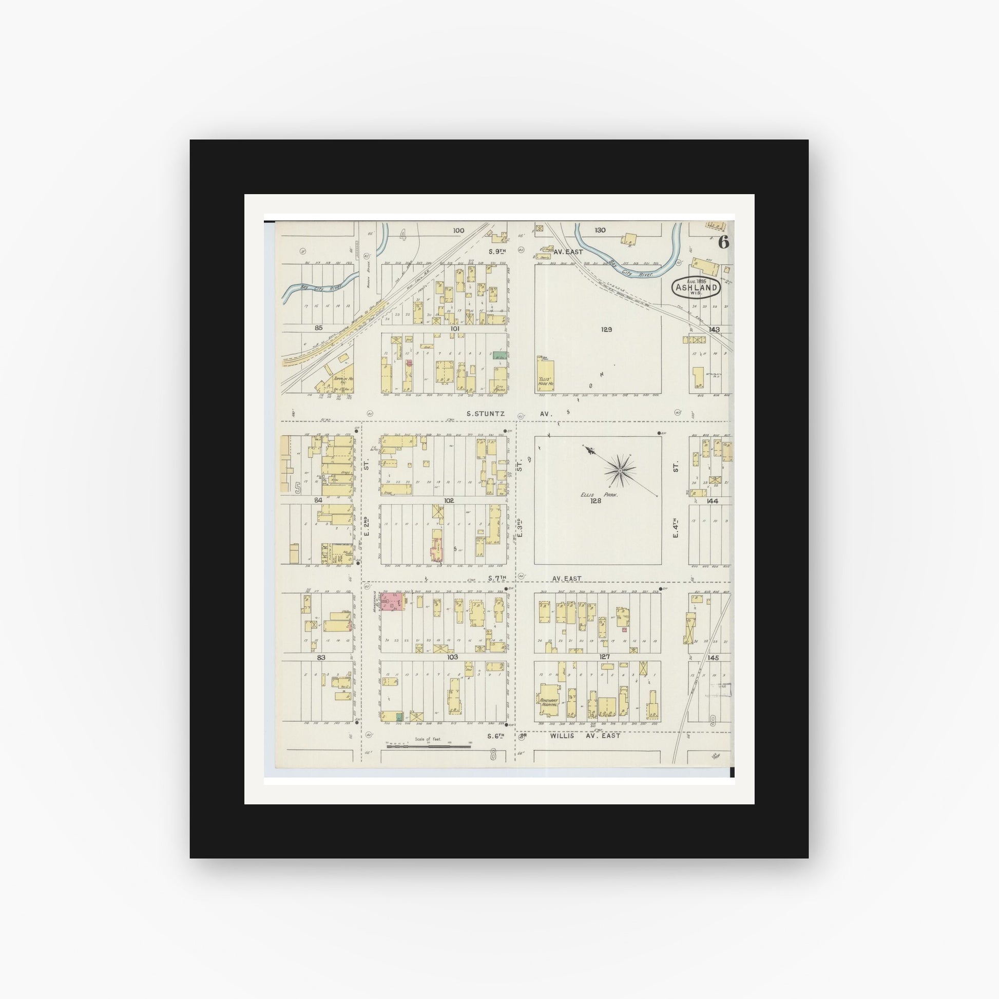 Old map wall art mockup — black gallery frame with white mat — Sanborn Fire Insurance Map from Ashland, Ashland County, Wisconsin (1895), Sheet #0006