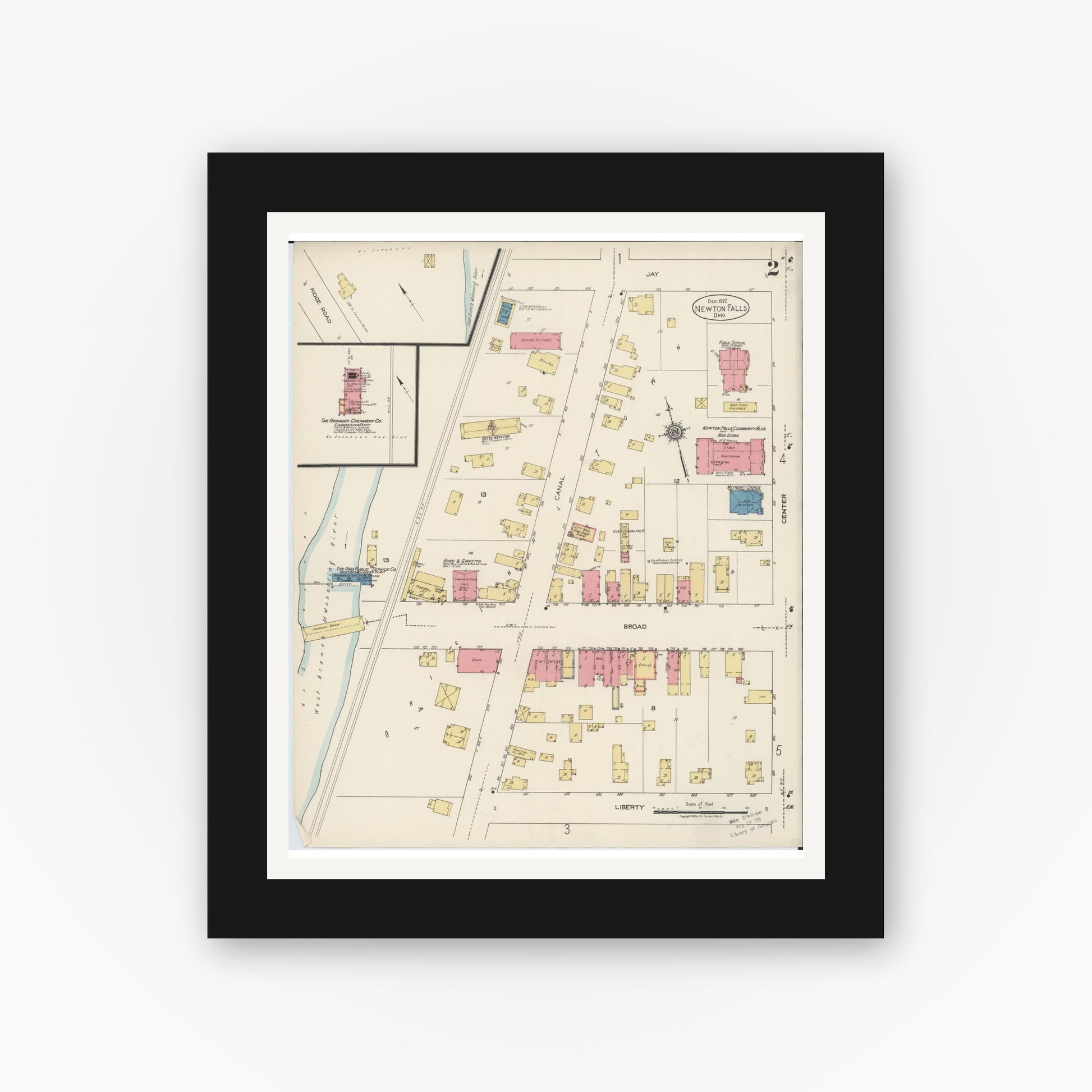 Old map wall art mockup — black gallery frame with white mat — Sanborn Fire Insurance Map from Newton Falls, Trumbull County, Ohio (1922), Sheet #0002