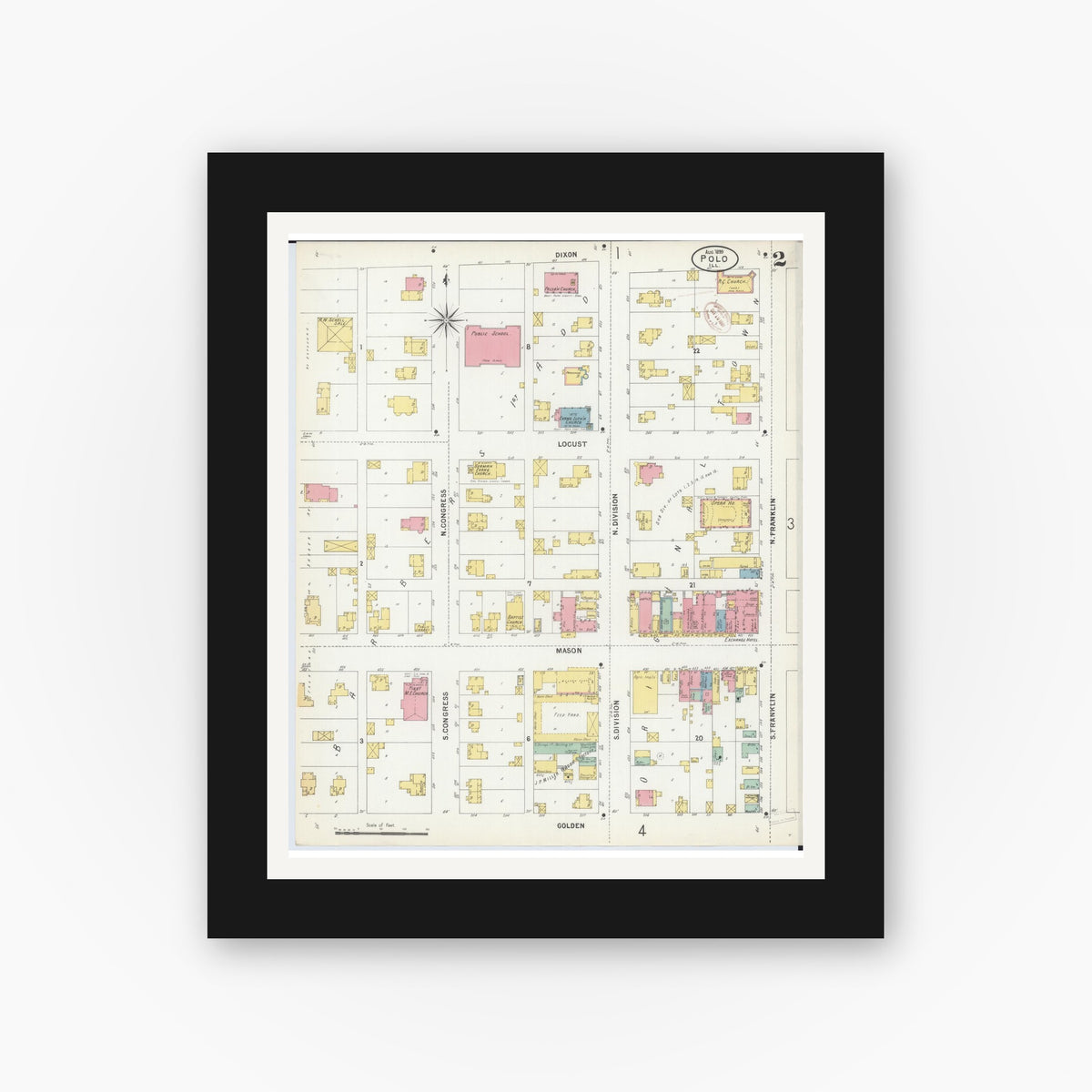 Old map wall art mockup — black gallery frame with white mat — Sanborn Fire Insurance Map from Polo, Ogle County, Illinois (1899), Sheet #0002