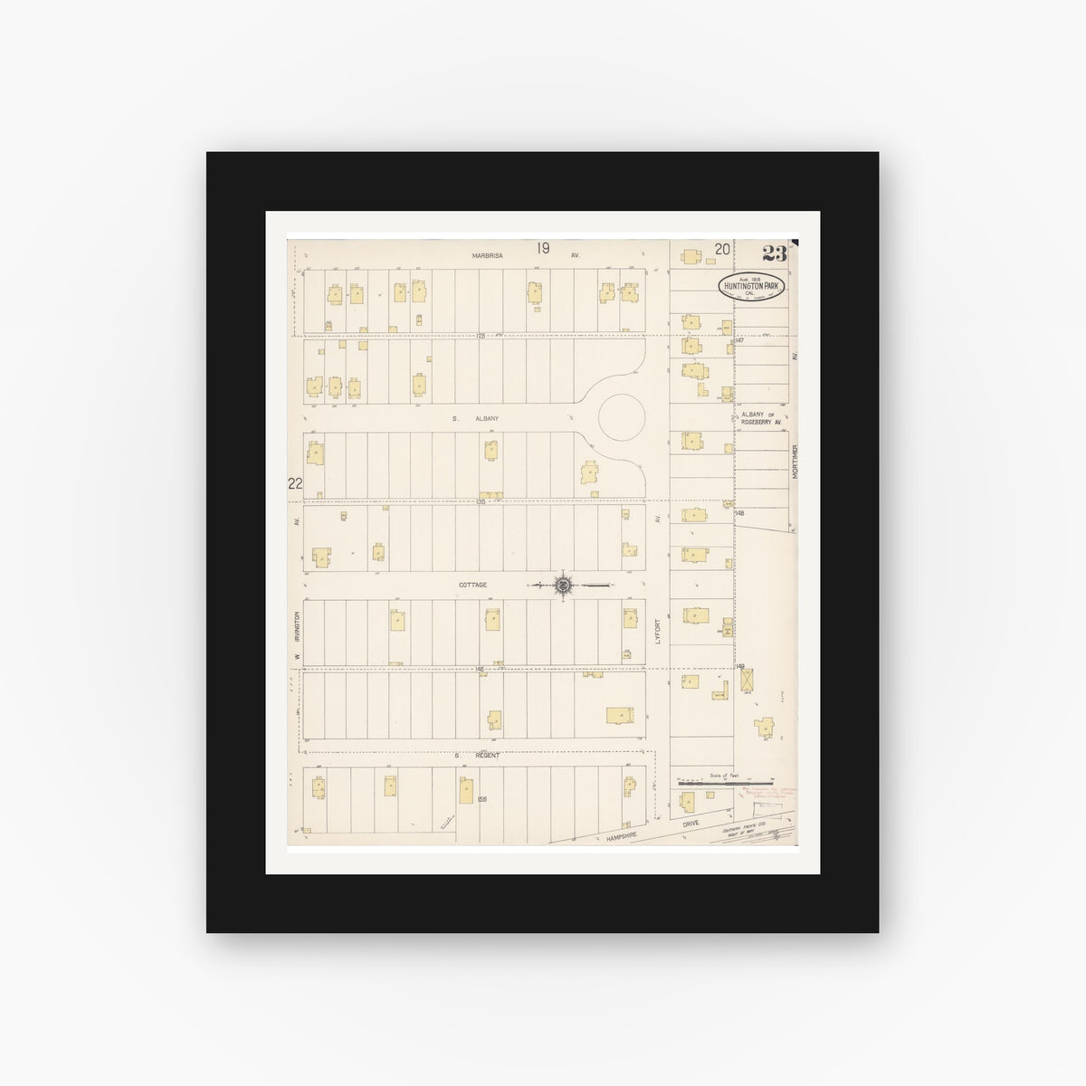 Old map wall art mockup — black gallery frame with white mat — Sanborn Fire Insurance Map from Huntington Park, Los Angeles County, California (1916), Sheet #0023