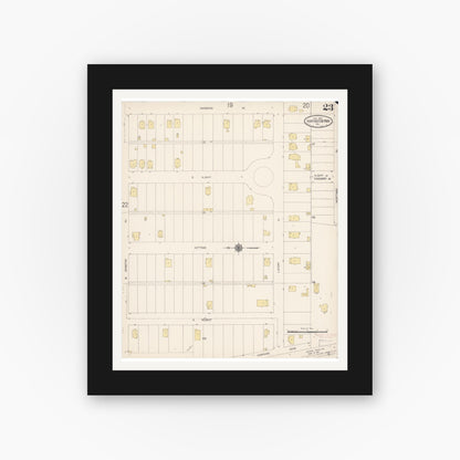 Old map wall art mockup — black gallery frame with white mat — Sanborn Fire Insurance Map from Huntington Park, Los Angeles County, California (1916), Sheet #0023