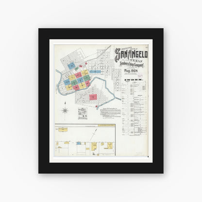 Old map wall art mockup — black gallery frame with white mat — Sanborn Fire Insurance Map from San Angelo, Tom Green County, Texas (1904), Sheet #0001