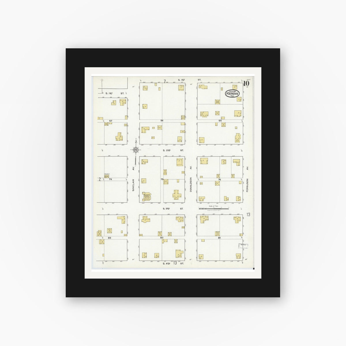 Old map wall art mockup — black gallery frame with white mat — Sanborn Fire Insurance Map from Kerens, Navarro County, Texas (1921), Sheet #0010
