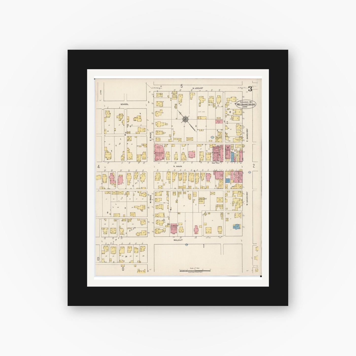 Old map wall art mockup — black gallery frame with white mat — Sanborn Fire Insurance Map from Mechanicsburg, Champaign County, Ohio (1921), Sheet #0003