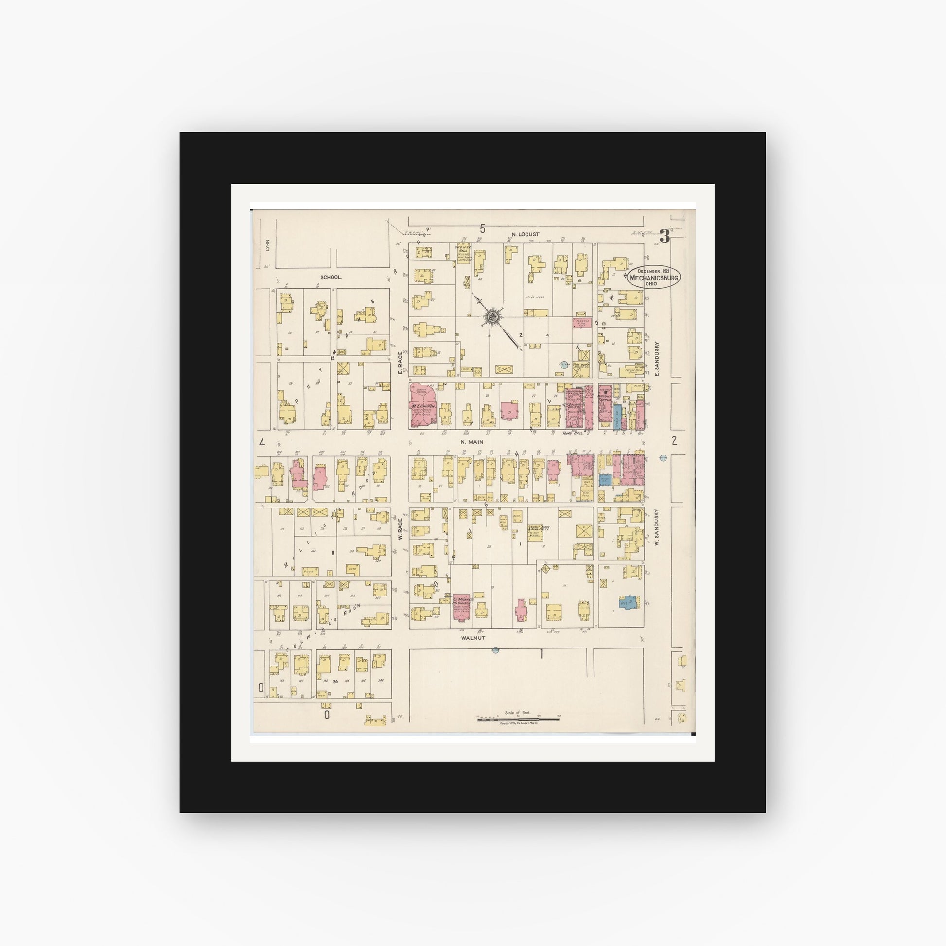 Old map wall art mockup — black gallery frame with white mat — Sanborn Fire Insurance Map from Mechanicsburg, Champaign County, Ohio (1921), Sheet #0003