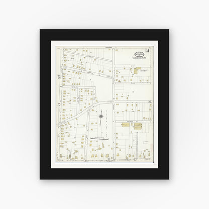 Old map wall art mockup — black gallery frame with white mat — Sanborn Fire Insurance Map from Patchogue, Suffolk County, New York (1916), Sheet #0021