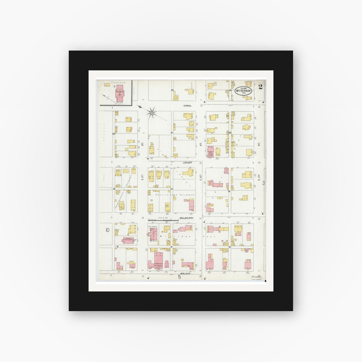 Old map wall art mockup — black gallery frame with white mat — Sanborn Fire Insurance Map from Mount Vernon, Posey County, Indiana (1899), Sheet #0002