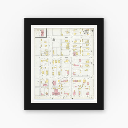 Old map wall art mockup — black gallery frame with white mat — Sanborn Fire Insurance Map from Mount Vernon, Posey County, Indiana (1899), Sheet #0002