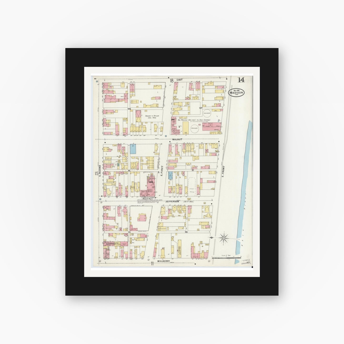 Old map wall art mockup — black gallery frame with white mat — Sanborn Fire Insurance Map from Madison, Jefferson County, Indiana (1897), Sheet #0014