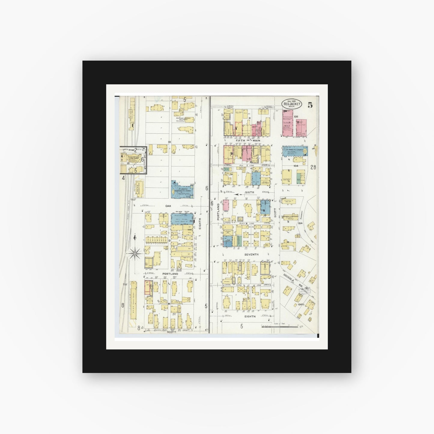 Old map wall art mockup — black gallery frame with white mat — Sanborn Fire Insurance Map from Red Jacket, Houghton County, Michigan (1908), Sheet #0005