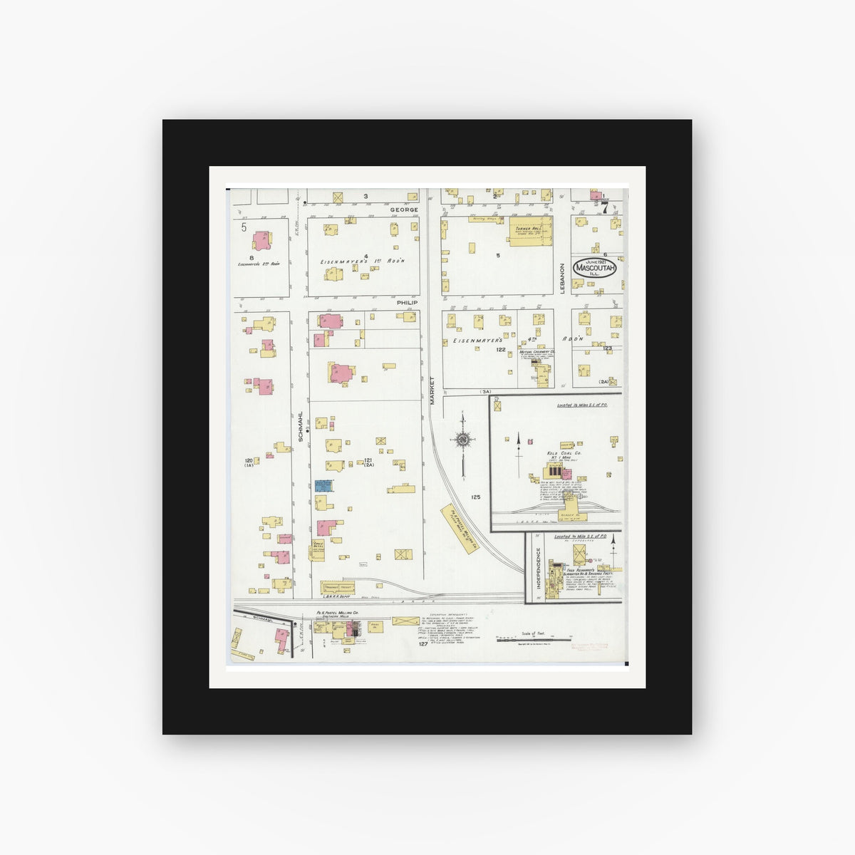 Old map wall art mockup — black gallery frame with white mat — Sanborn Fire Insurance Map from Mascoutah, Saint Clair County, Illinois (1921), Sheet #0007