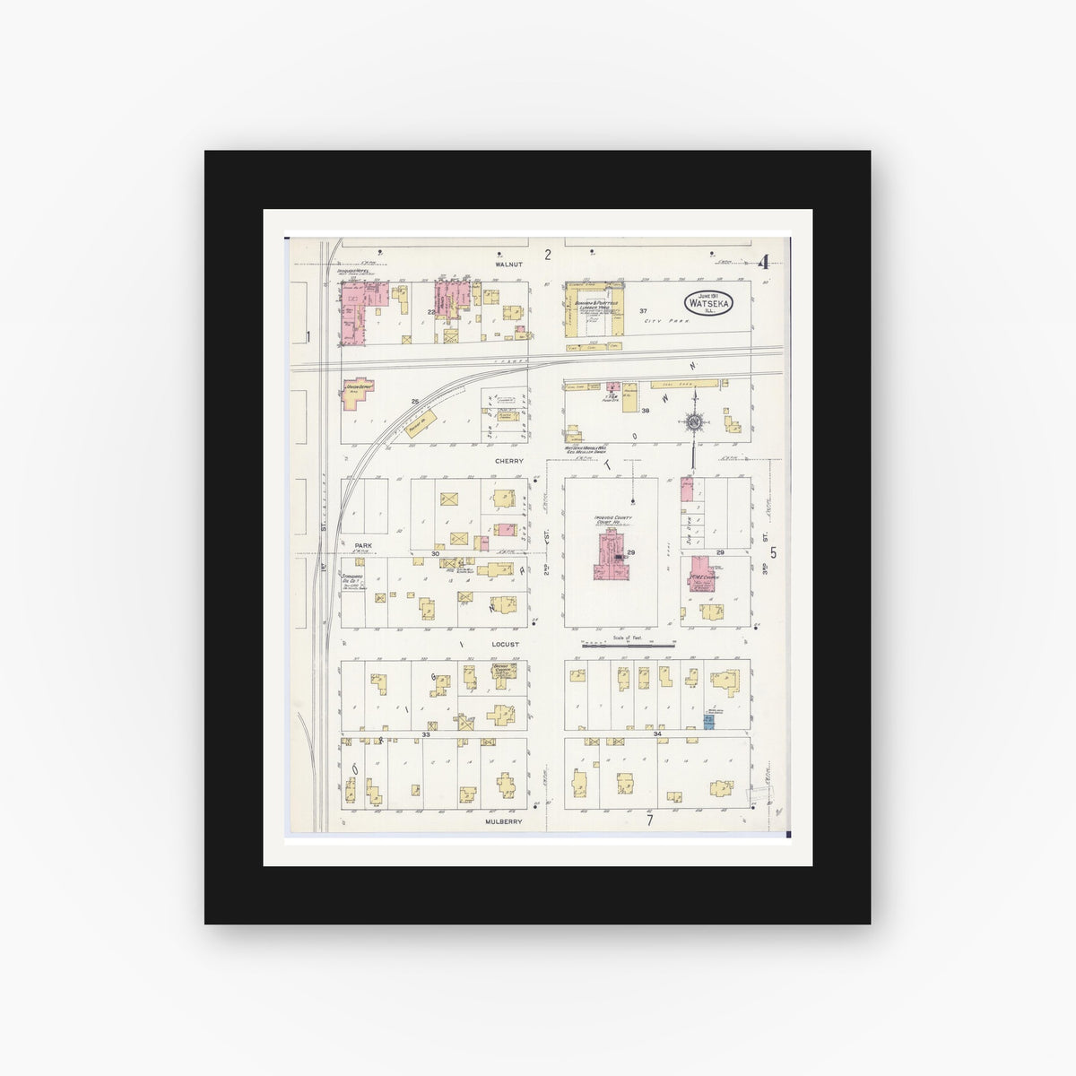 Old map wall art mockup — black gallery frame with white mat — Sanborn Fire Insurance Map from Watseka, Iroquois County, Illinois (1911), Sheet #0004