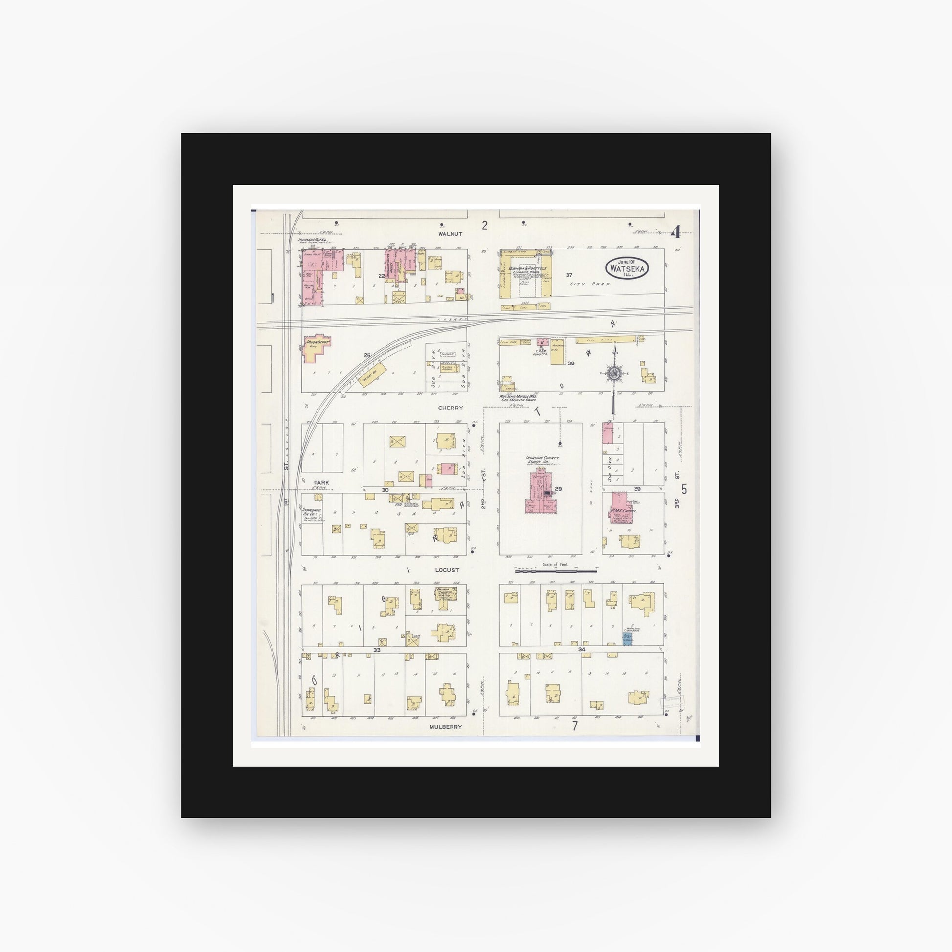 Old map wall art mockup — black gallery frame with white mat — Sanborn Fire Insurance Map from Watseka, Iroquois County, Illinois (1911), Sheet #0004