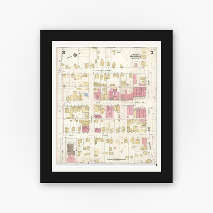Old map wall art mockup — black gallery frame with white mat — Sanborn Fire Insurance Map from Woodsfield, Monroe County, Ohio (1949), Sheet #0003