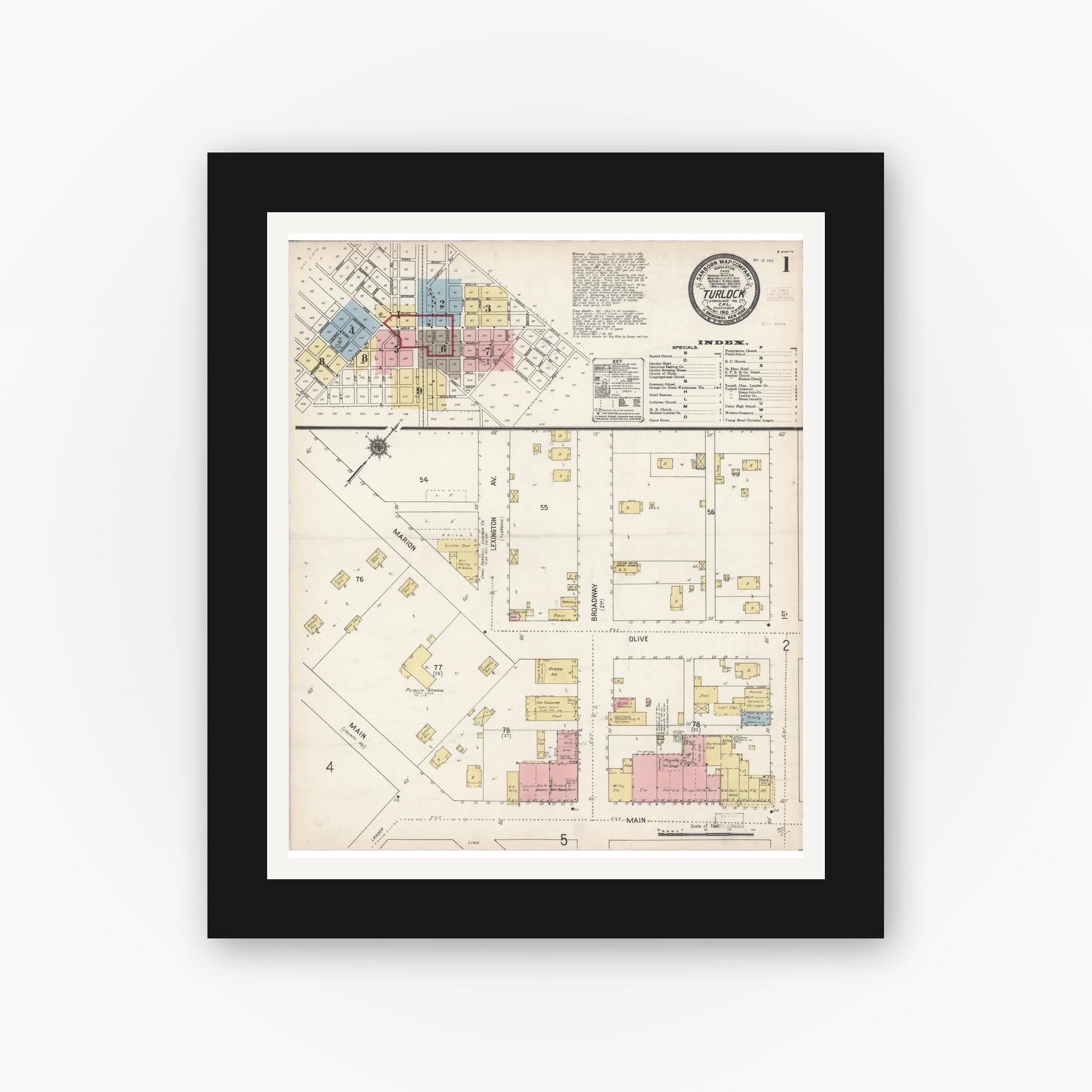 Old map wall art mockup — black gallery frame with white mat — Sanborn Fire Insurance Map from Turlock, Stanislaus County, California (1910) - Complete Map Set