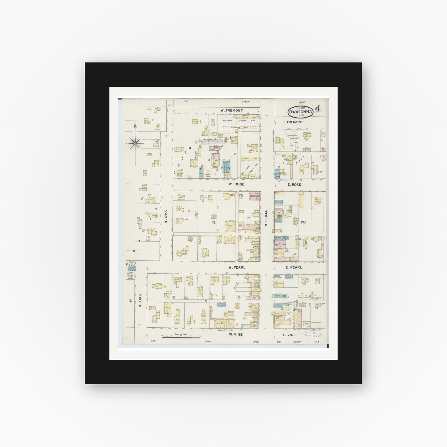Old map wall art mockup — black gallery frame with white mat — Sanborn Fire Insurance Map from Owatonna, Steele County, Minnesota (1889), Sheet #0004
