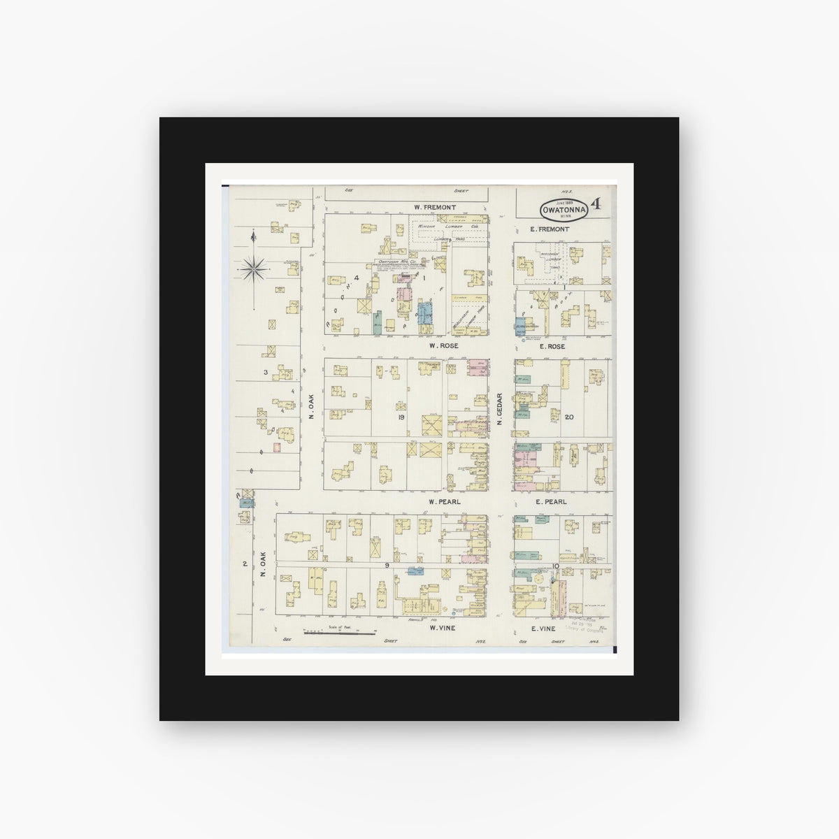 Old map wall art mockup — black gallery frame with white mat — Sanborn Fire Insurance Map from Owatonna, Steele County, Minnesota (1889), Sheet #0004