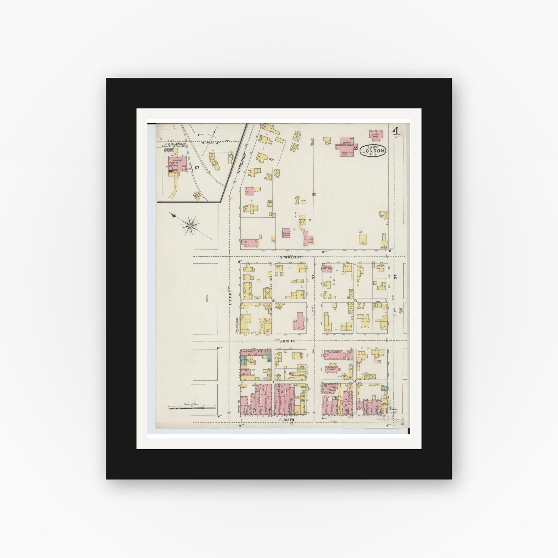 Old map wall art mockup — black gallery frame with white mat — Sanborn Fire Insurance Map from London, Madison County, Ohio (1895), Sheet #0004