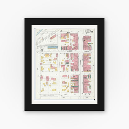 Old map wall art mockup — black gallery frame with white mat — Sanborn Fire Insurance Map from Flint, Genesee County, Michigan (1902), Sheet #0008