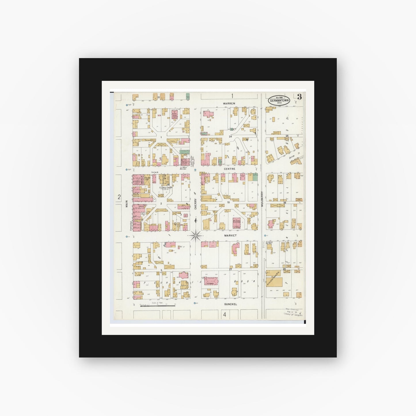 Old map wall art mockup — black gallery frame with white mat — Sanborn Fire Insurance Map from Germantown, Montgomery County, Ohio (1899), Sheet #0003