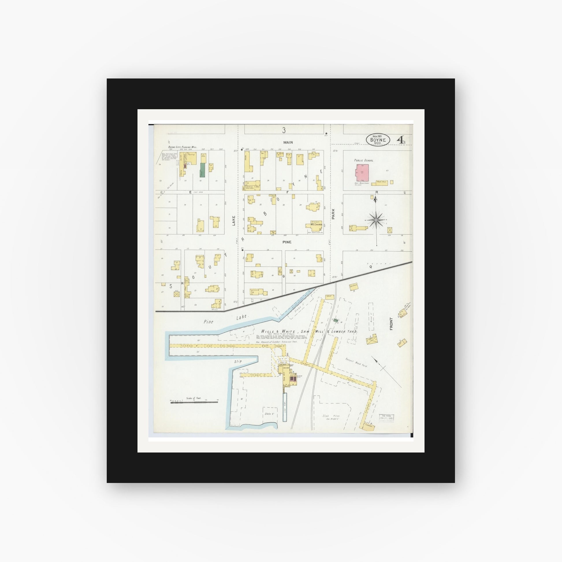 Old map wall art mockup — black gallery frame with white mat — Sanborn Fire Insurance Map from Boyne City, Charlevoix County, Michigan (1901), Sheet #0004