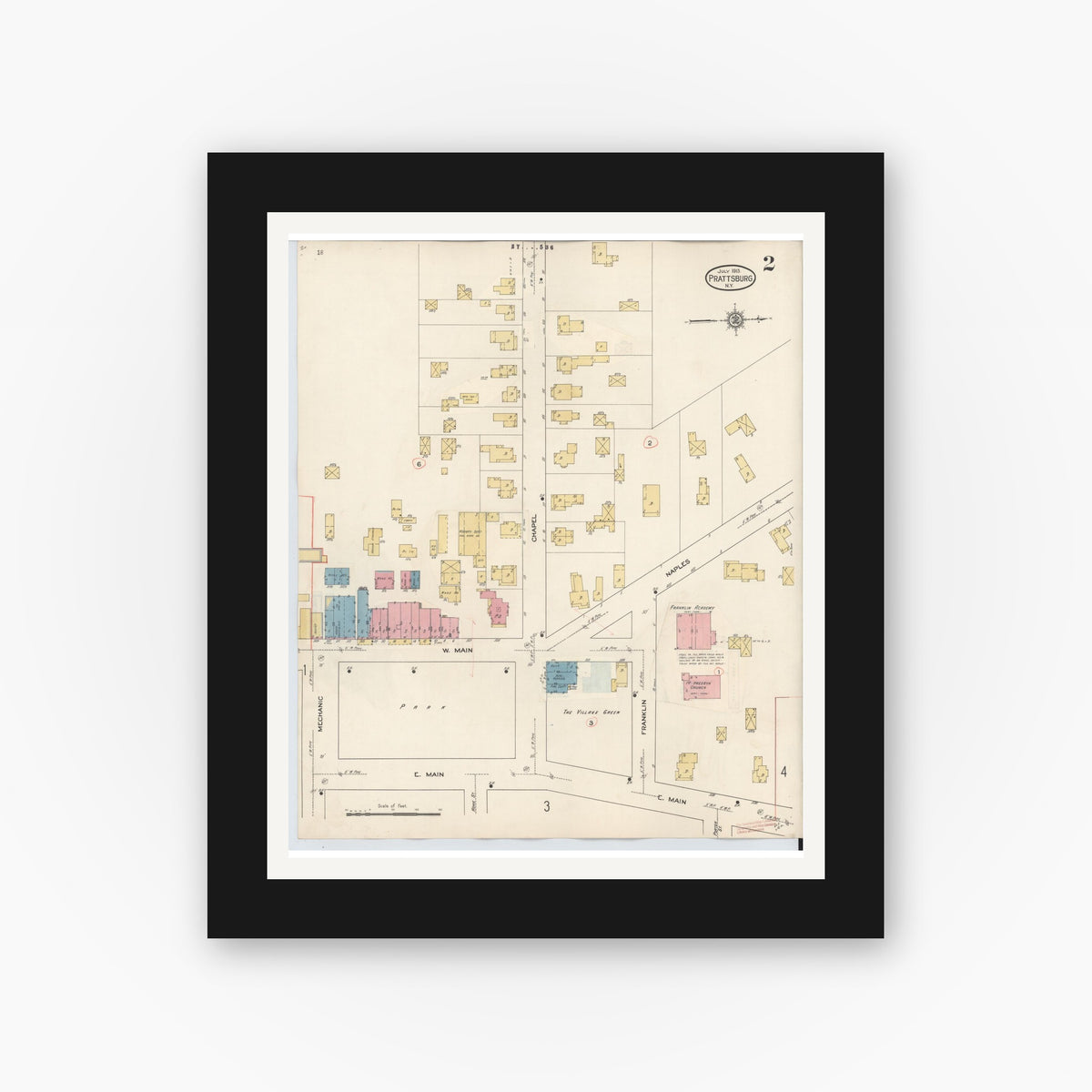 Old map wall art mockup — black gallery frame with white mat — Sanborn Fire Insurance Map from Prattsburgh, Steuben County, New York (1934), Sheet #0002