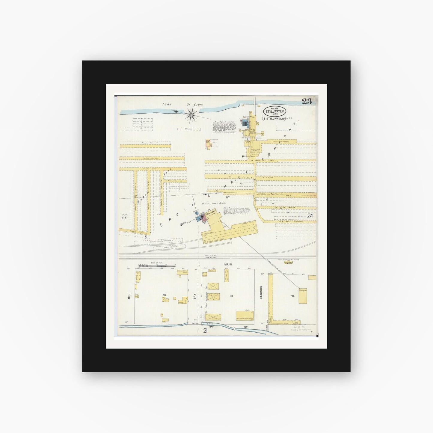 Old map wall art mockup — black gallery frame with white mat — Sanborn Fire Insurance Map from Stillwater, Washington County, Minnesota (1898), Sheet #0023