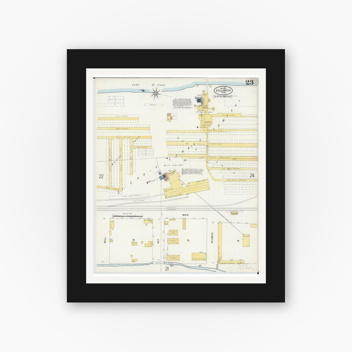 Old map wall art mockup — black gallery frame with white mat — Sanborn Fire Insurance Map from Stillwater, Washington County, Minnesota (1898), Sheet #0023