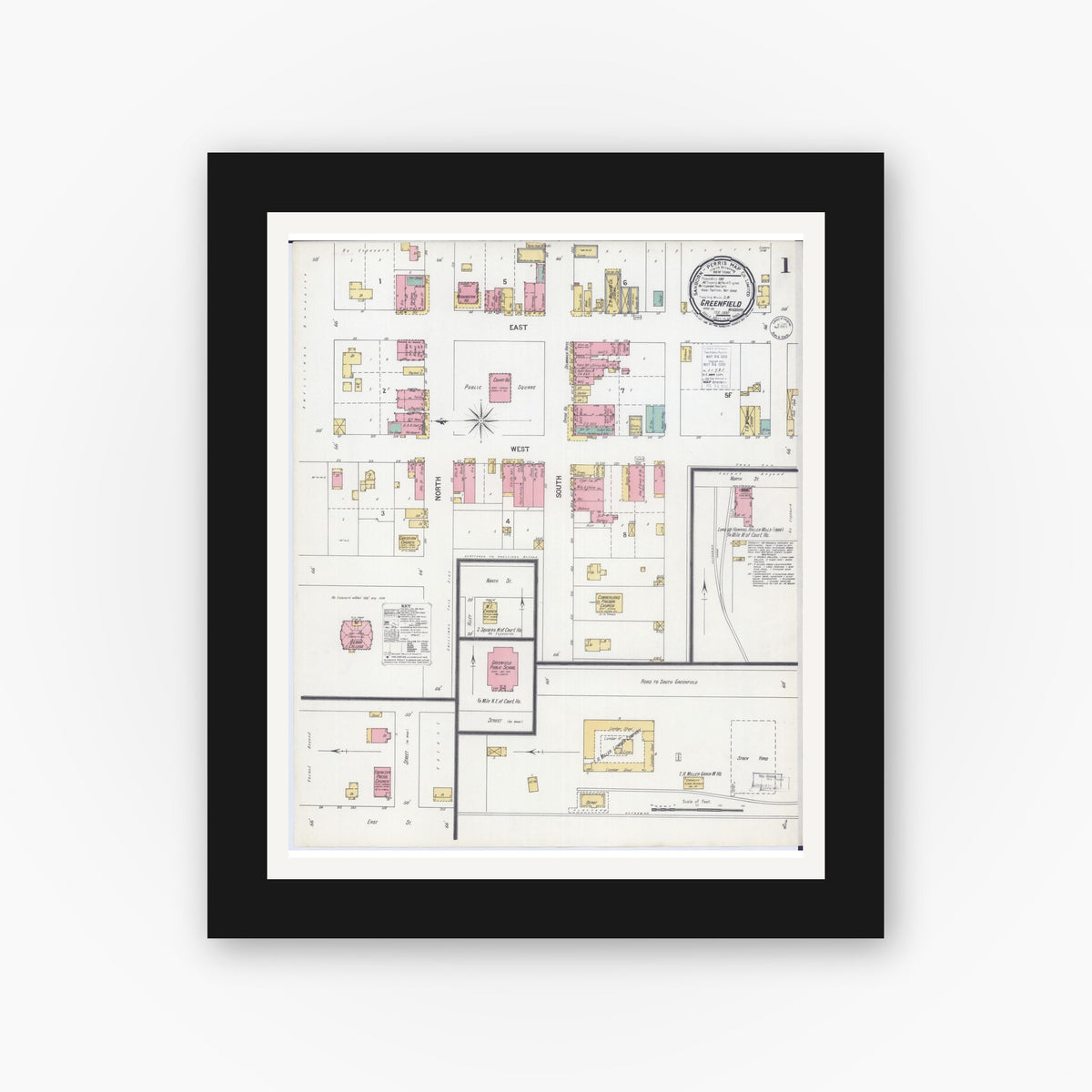 Old map wall art mockup — black gallery frame with white mat — Sanborn Fire Insurance Map from Greenfield, Dade County, Missouri (1900) - Complete Map Set