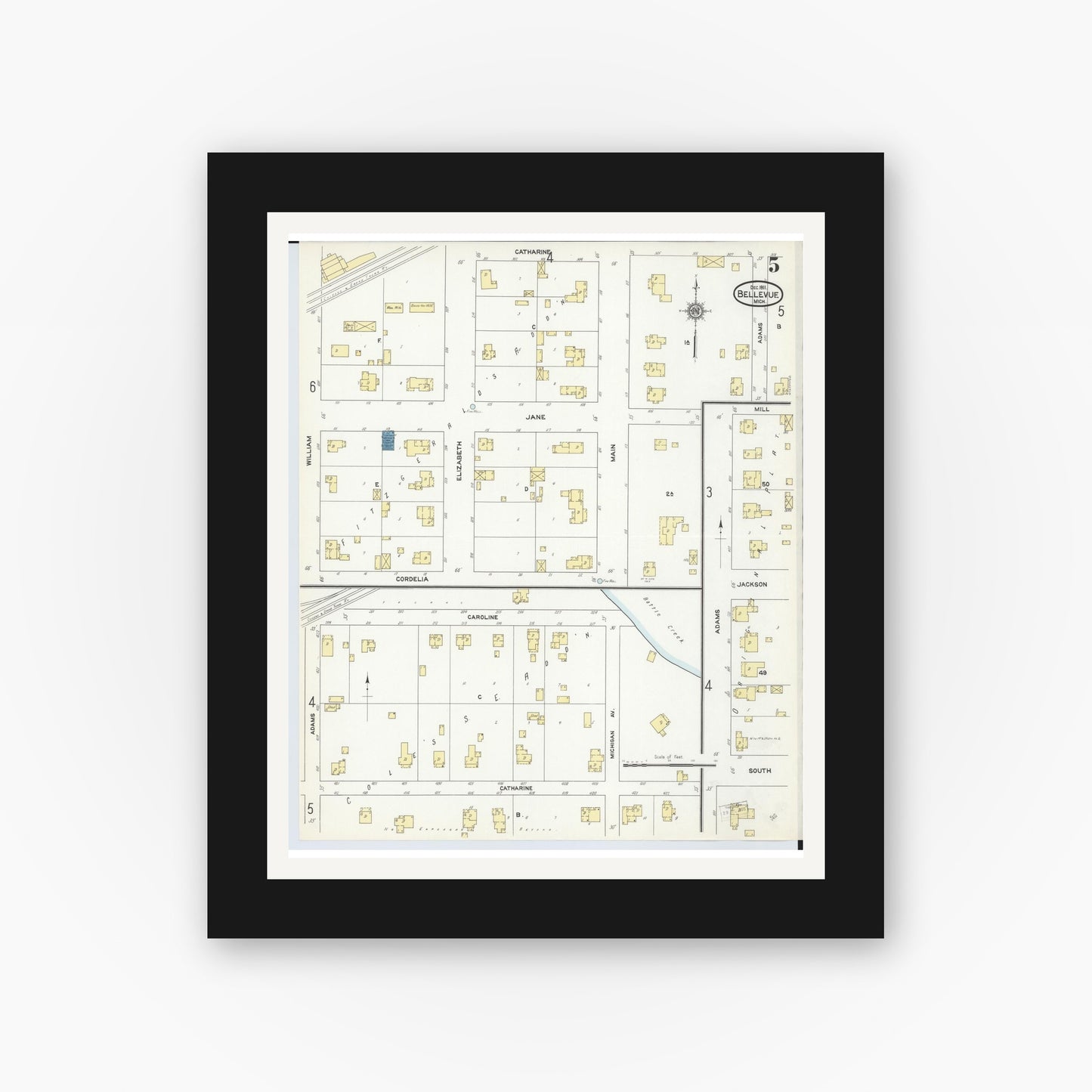 Old map wall art mockup — black gallery frame with white mat — Sanborn Fire Insurance Map from Bellevue, Eaton County, Michigan (1911), Sheet #0005